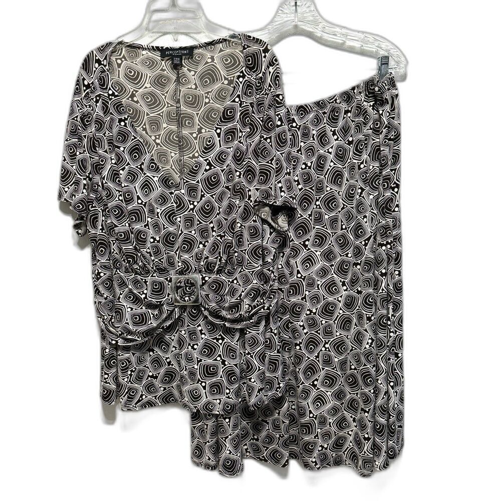 Perceptions Blouse & Skirt Set Midi Length Black & White Print Womens size 24W